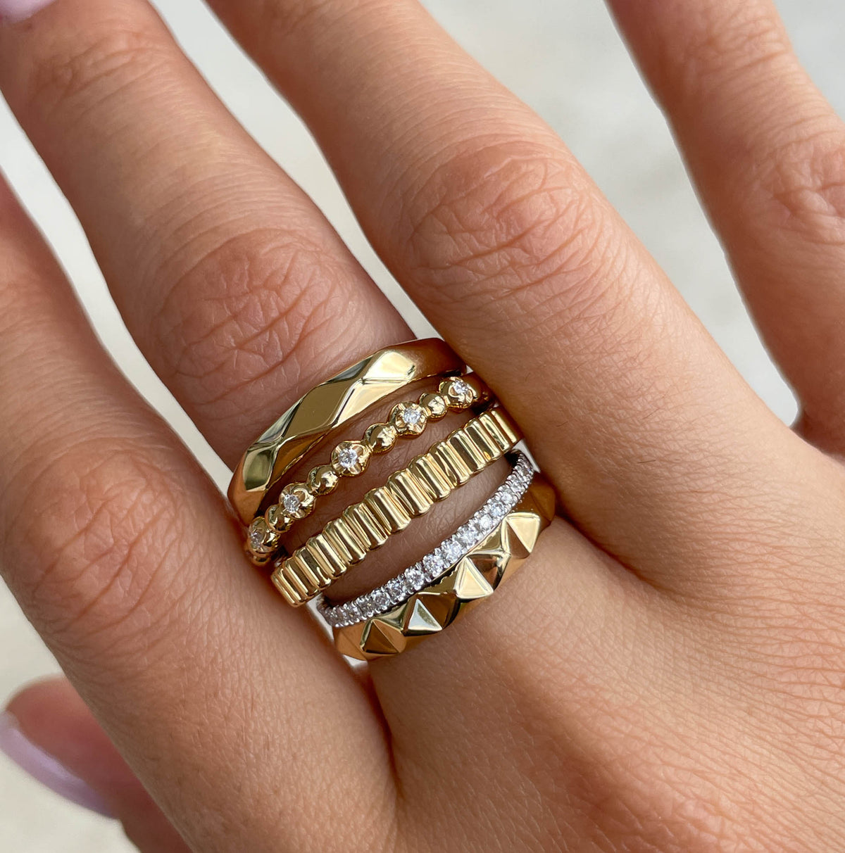 JAY FEDER 18K YELLOW GOLD DIAMOND 5 ROW BAND RING