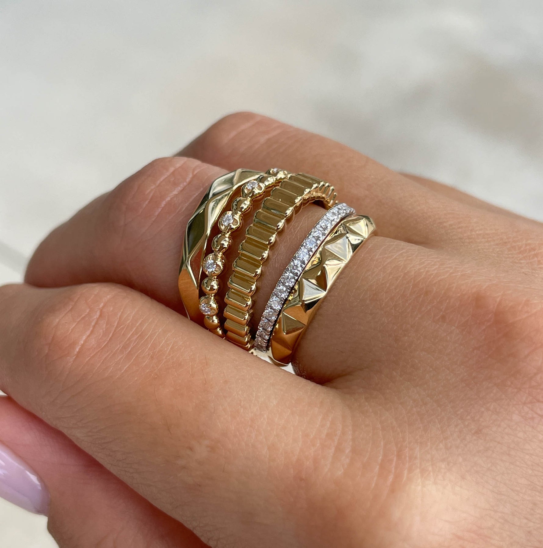 JAY FEDER 18K YELLOW GOLD DIAMOND 5 ROW BAND RING