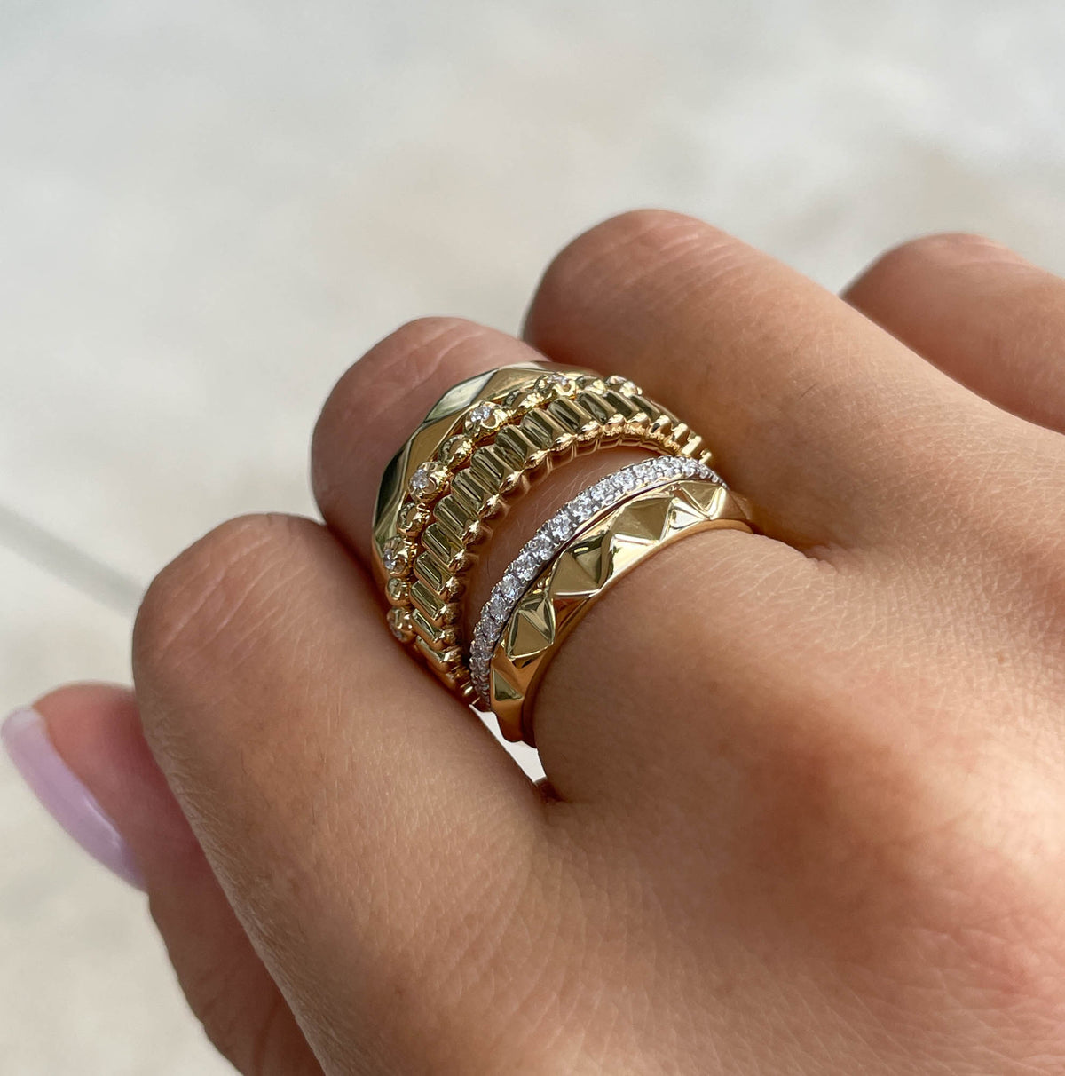 JAY FEDER 18K YELLOW GOLD DIAMOND 5 ROW BAND RING
