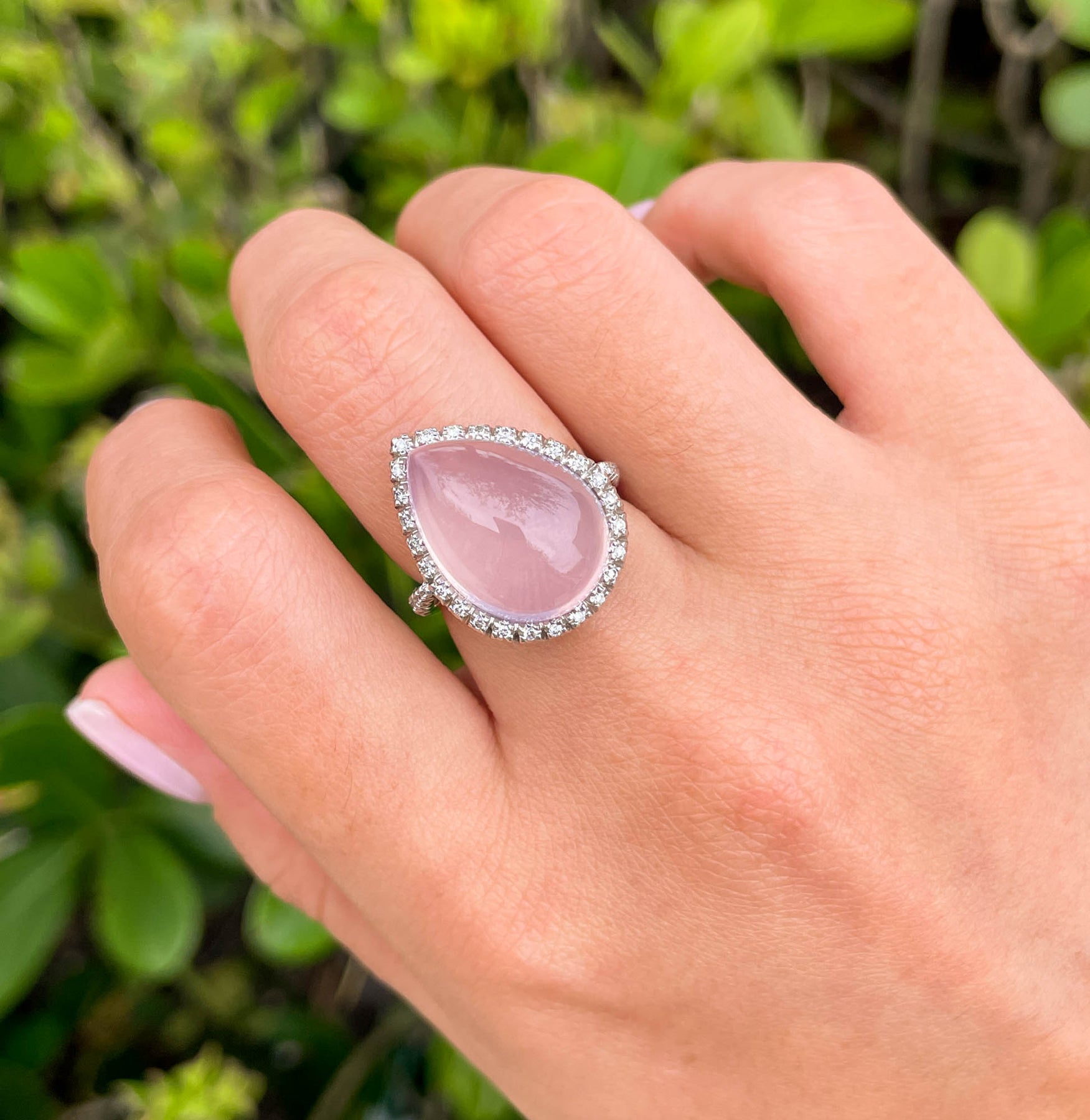 Jay Feder 18K White Gold Pink Quartz Cabochon Diamond Ring Jay Feder Jewelers