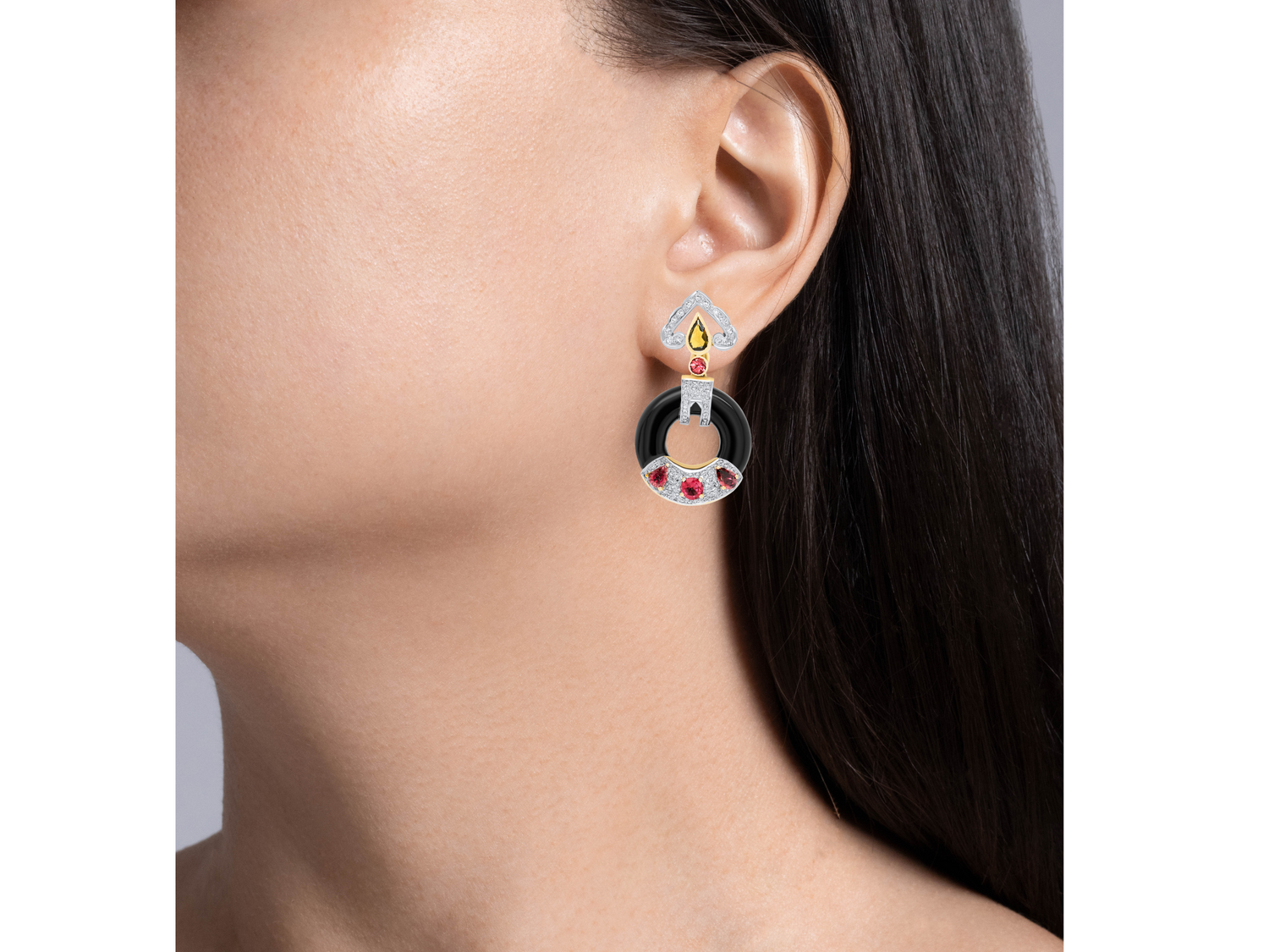 Jay Feder 18K Yellow Gold Diamond Pink Tourmaline Onyx Earrings