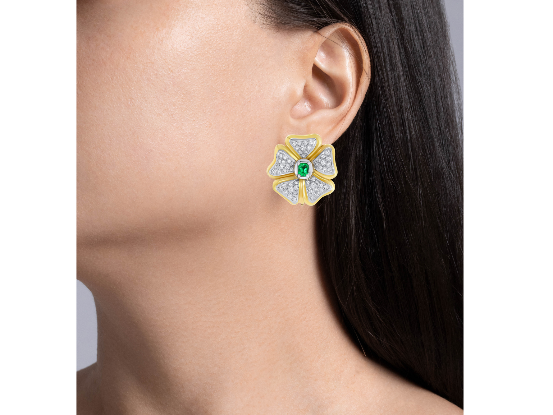Jay Feder 14K Yellow Gold Diamond Emerald Flower Earrings